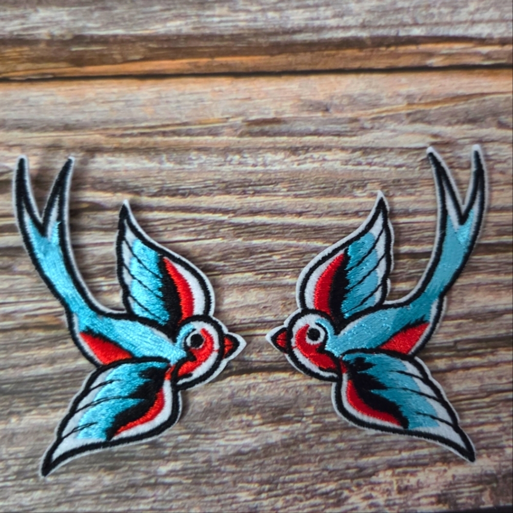 Set Of Two Rockabilly Swallows Tattoo Style Birds Iron On Patches.